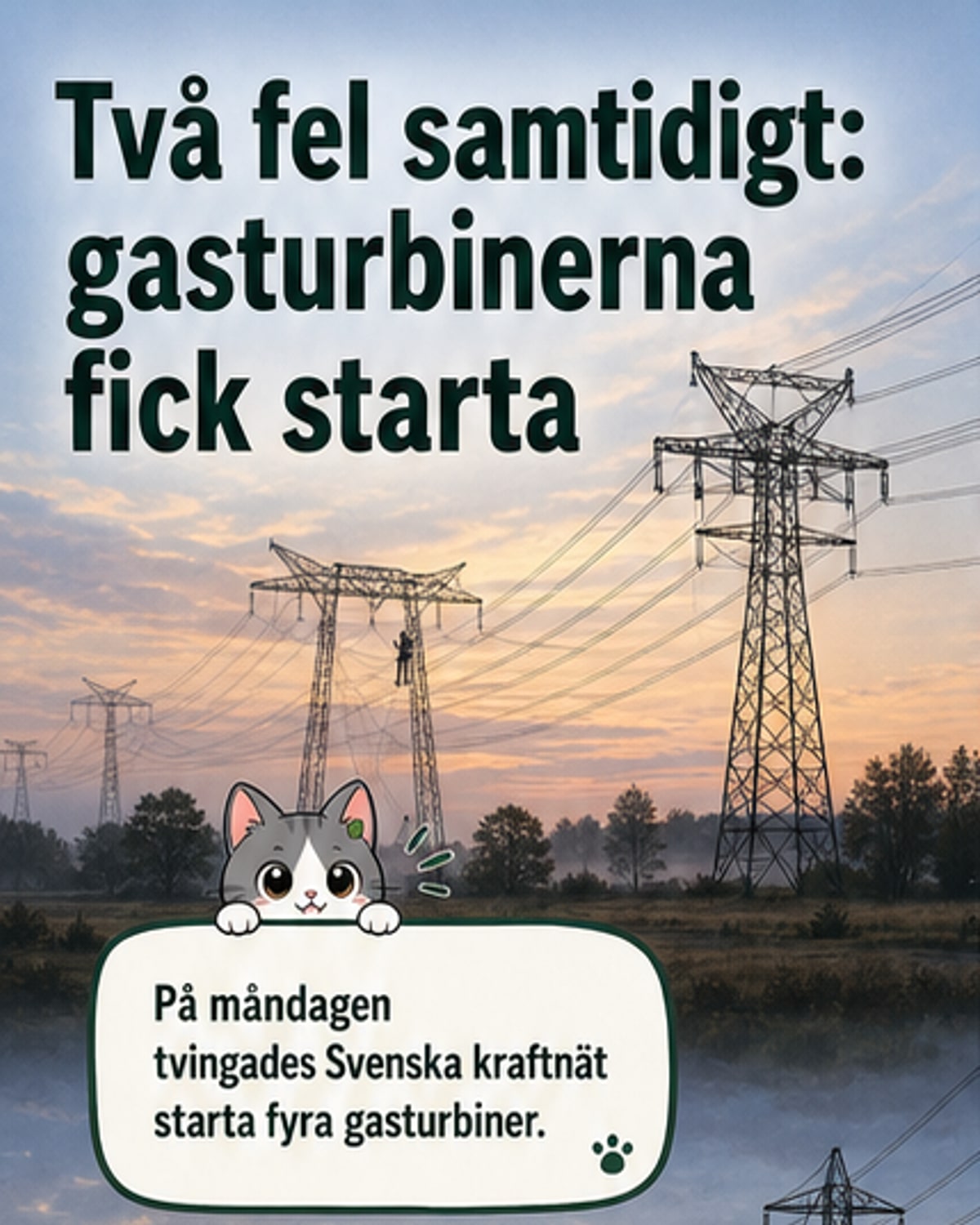 Illustration av en gasturbin som startas i nödläge, med kraftledningar i bakgrunden och en varningsflagga i gult.
