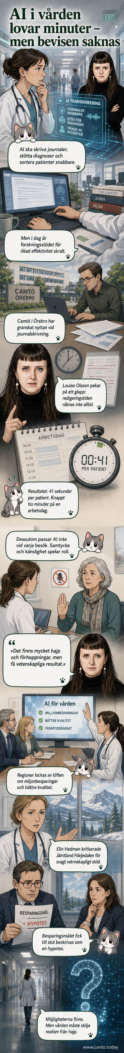 En läkare tittar skeptiskt på en skärm där AI-analyser och patientjournaler snabbt rullar förbi, med en klocka som visar 41 sekunder markerad.