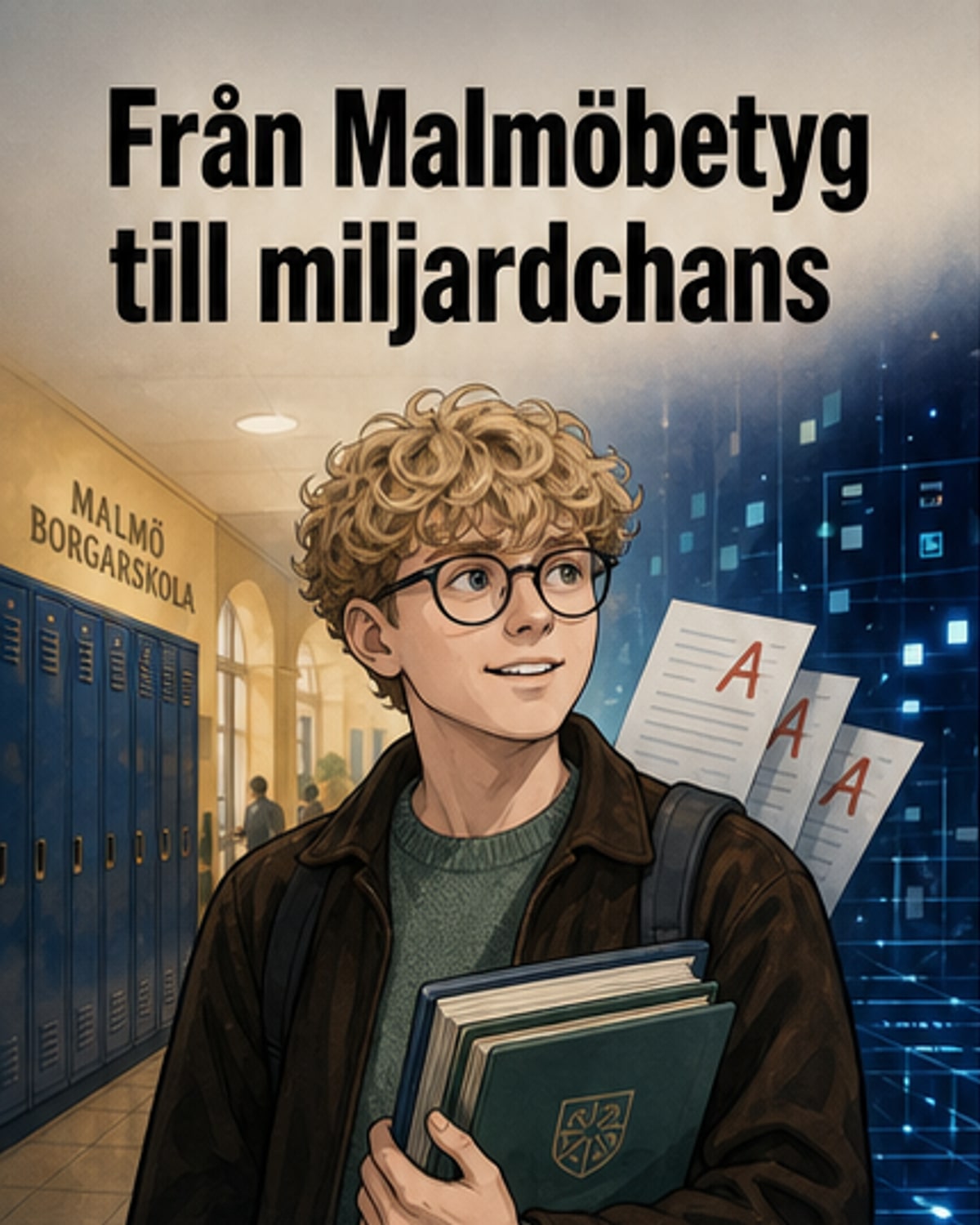 En digital illustration föreställer en ung man i Malmö med en dator där kod snabbt rullar förbi, med SpaceX-raketikoner i bakgrunden och en guldkant runt skärmen som symboliserar framgång.
