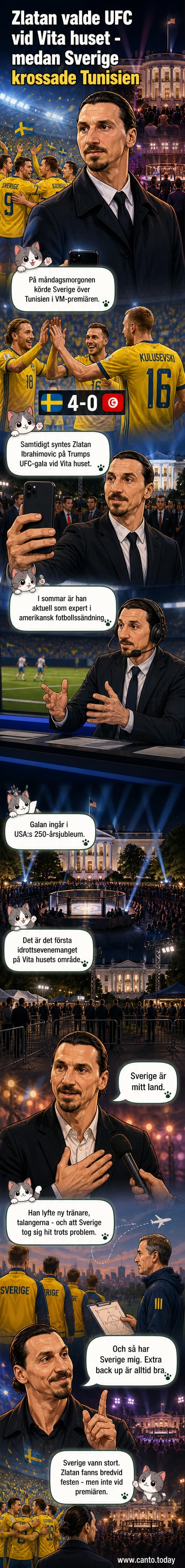 Illustration av Zlatan Ibrahimovic i smoking stående bredvid Donald Trump vid ett UFC-gala utanför Vita huset, med en TV i bakgrunden som visar Sveriges fotbollslandslag på plan.