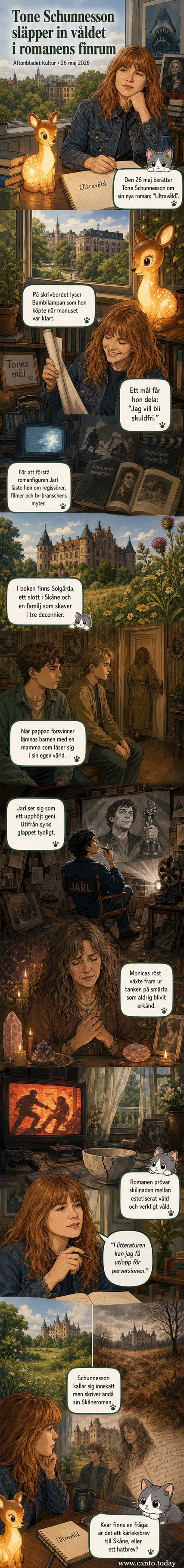 Författaren Tone Schunnesson sitter vid sitt skrivbord med en Bambi-lampa, omgiven av filmplakat och bokhyllor, med utsikt över en grön park i Stockholm.