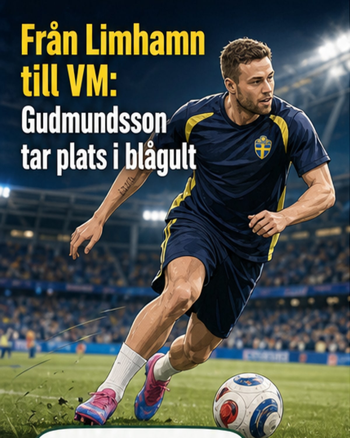Fotbollsspelaren Gabriel Gudmundsson i landslagsdräkt, står på planen under ett VM-matchupplägg.