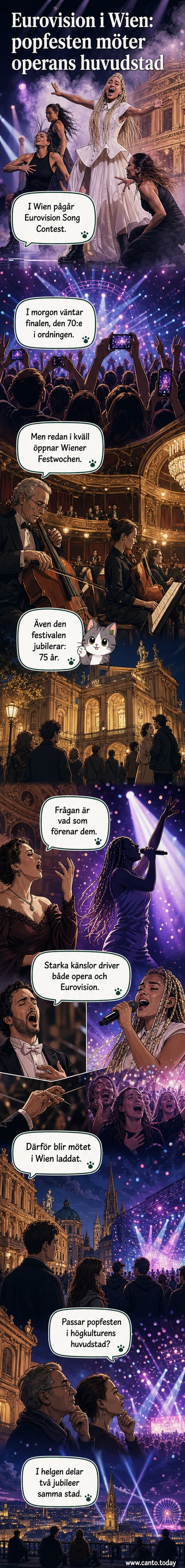 En scen i Wien med operabyggnad i bakgrunden och ljusshow från Eurovision framme i förgrunden.