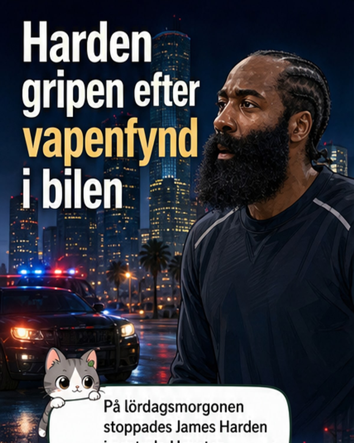 Illustration av James Harden i NBA-dräkt, med polisbil och stoppskylt i bakgrunden.