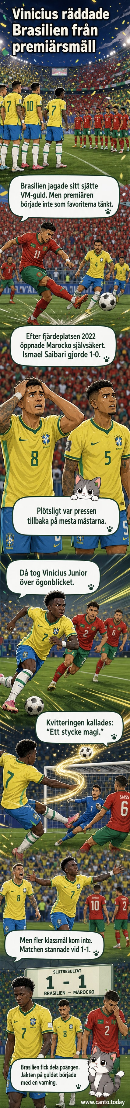 Vinicius Junior firar sitt mål för Brasilien under VM-matchen mot Marocko, med fans i bakgrunden och matchens intensitet i luften.
