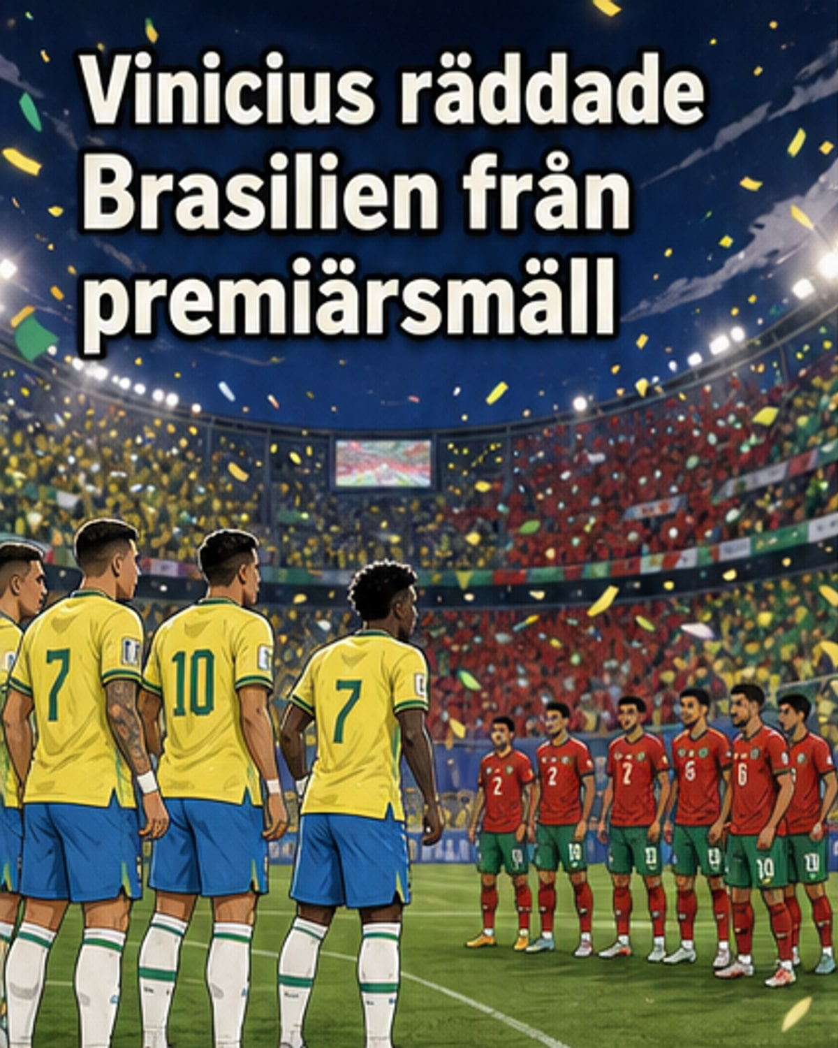 Vinicius Junior firar sitt mål för Brasilien under VM-matchen mot Marocko, med fans i bakgrunden och matchens intensitet i luften.