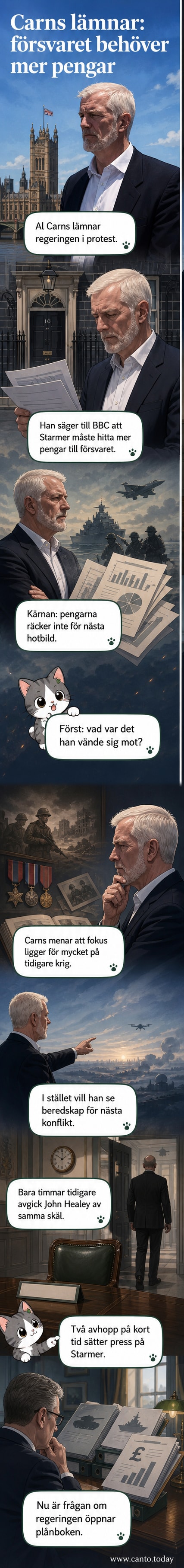 Brittisk försvarsminister Al Carns talar inför kameror, med brittisk flagga i bakgrunden.