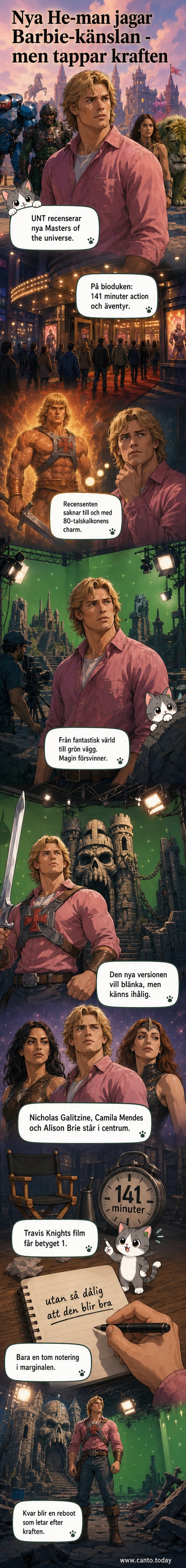 En filmplakat för 'Masters of the Universe' med en muskulös He-Man i centrum, omgiven av futuristisk miljö och stridsskådeplatser.