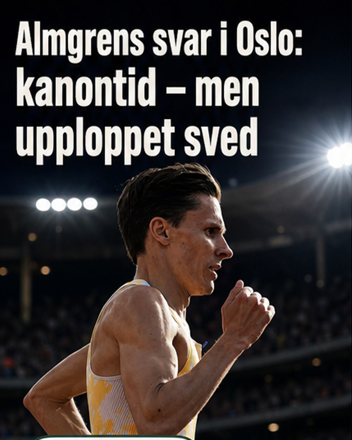 Andreas Almgren springer i mål på tredjeplats under en friidrottstävling i Oslo med publik i bakgrunden.