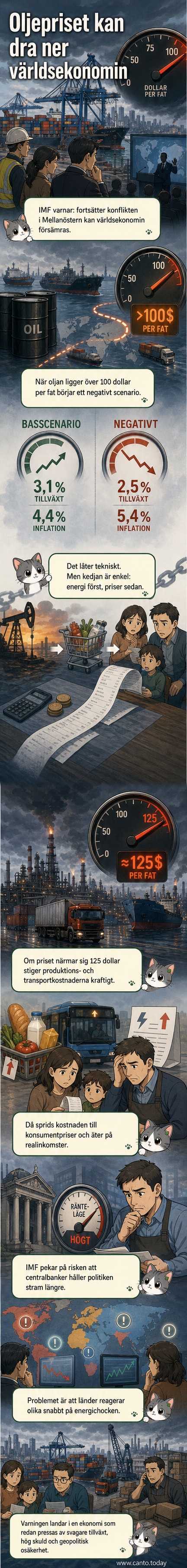 Illustration av en världskarta med oljedroppar och inflationsgrafen stigande, med IMF-logotyp i bakgrunden.