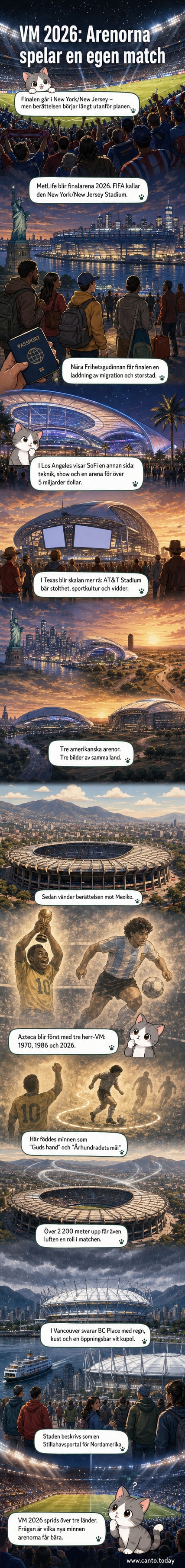 Illustration av tre ikoniska fotbollsarenor: MetLife Stadium med Frihetsgudinnan i bakgrunden, SoFi Stadium som ett rymdskepp, och Estadio Azteca med Maradona och Pelé.