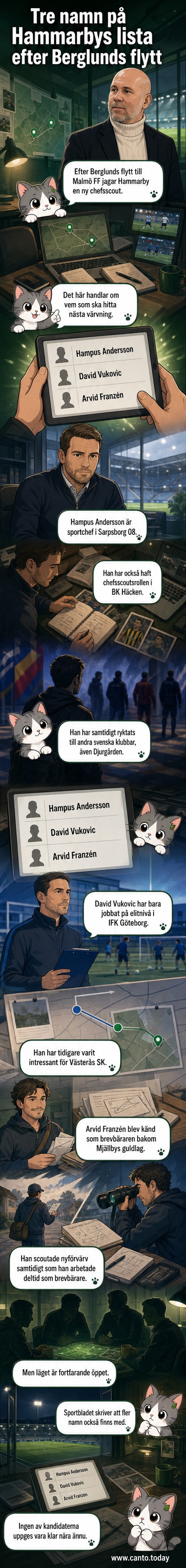 Illustration av en fotbollsplan med tre profiler markerade vid sidan – Hampus Andersson, David Vukovic och Arvid Franzén – med texten 'Hammarbys scoutjakt'.