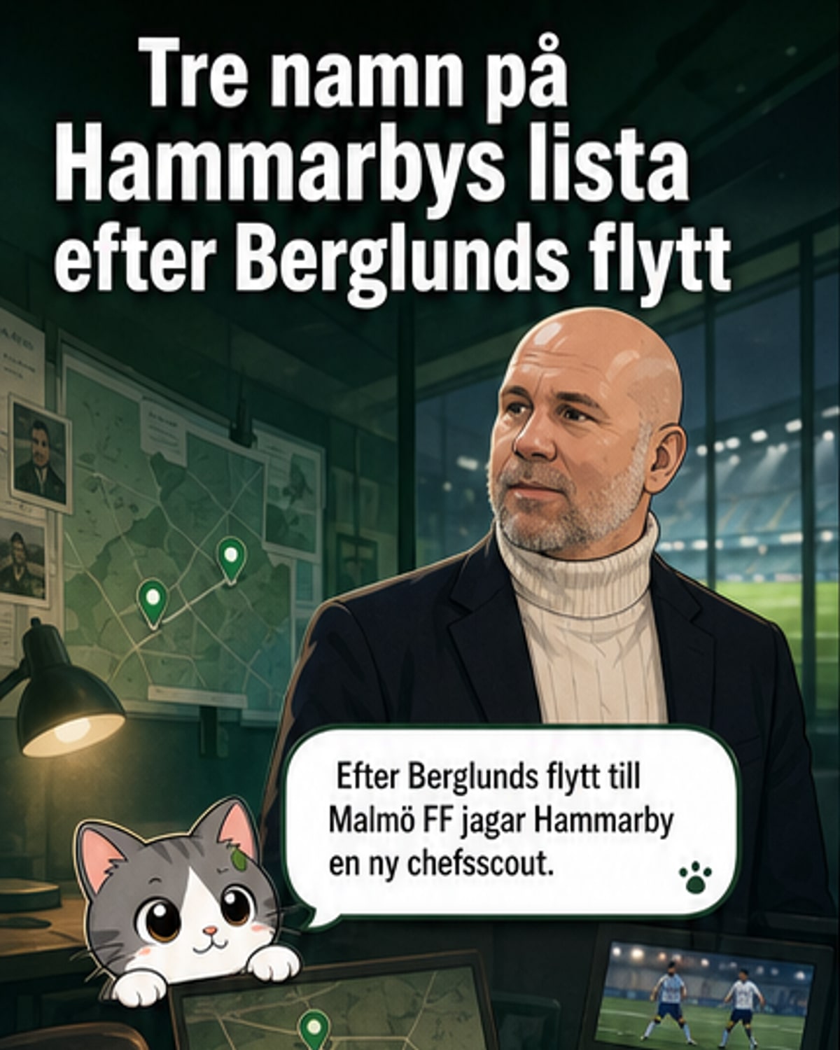 Illustration av en fotbollsplan med tre profiler markerade vid sidan – Hampus Andersson, David Vukovic och Arvid Franzén – med texten 'Hammarbys scoutjakt'.