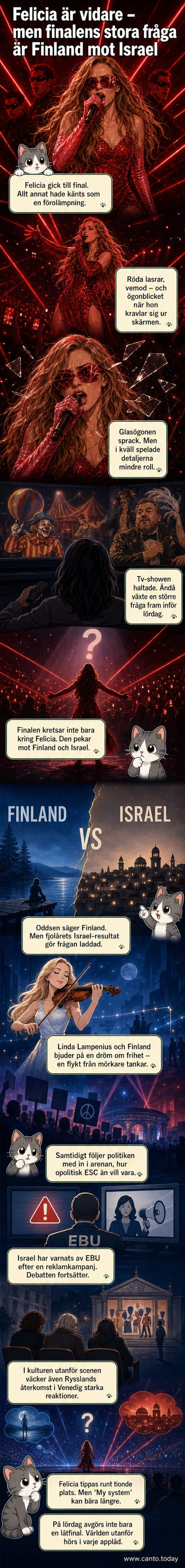 Scenen i Eurovision 2026 med pulserande laserljus och artister på scenen, en blandning av fest och politisk spänning.