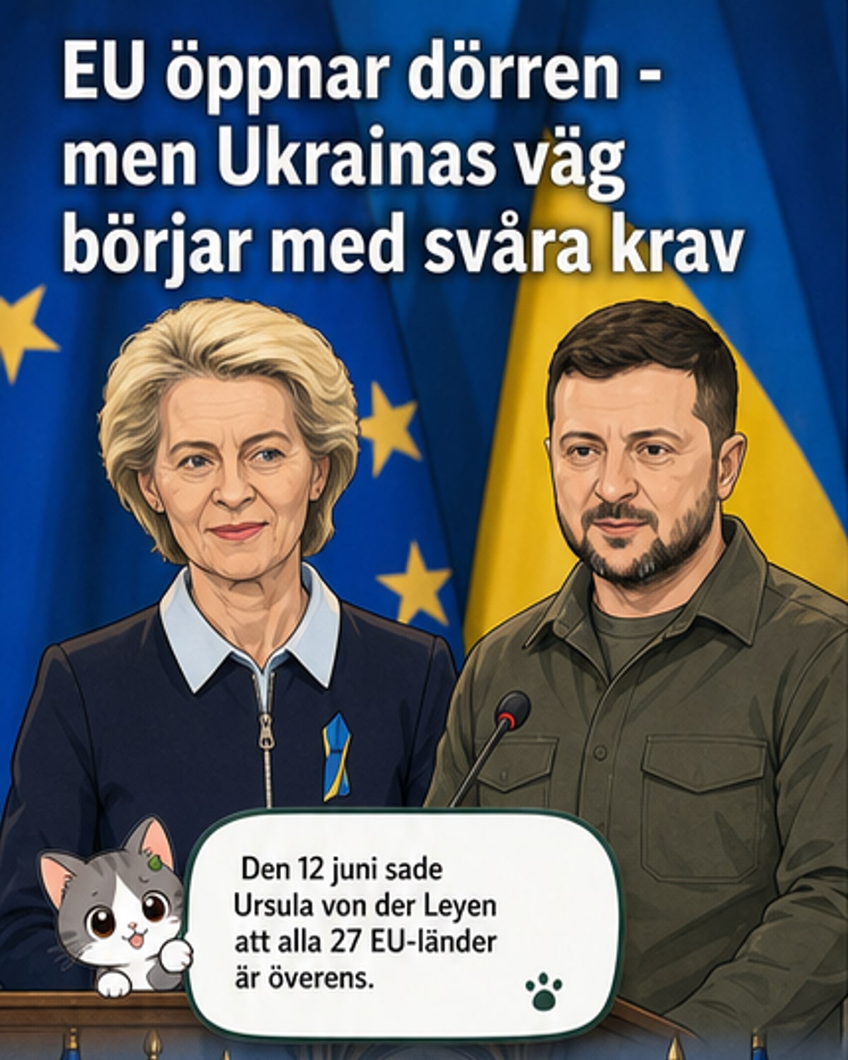 Europeiska kommissionens ordförande Ursula von der Leyen och Ukrainas president Volodymyr Zelenskyj vid ett möte, med EU-flaggan i bakgrunden.