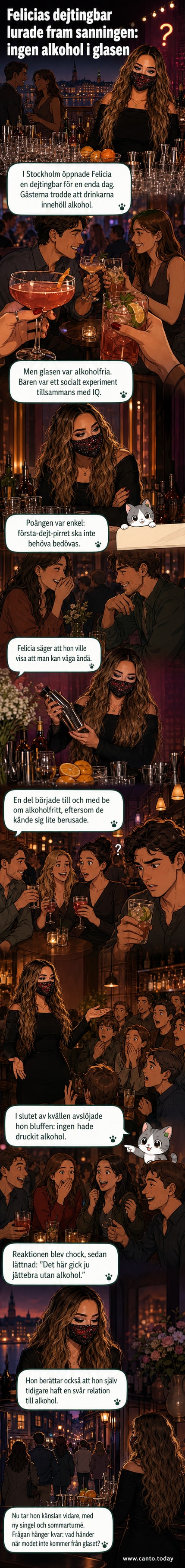 Illustration av artisten Felicia i en mysig bar, med glas i handen och leende ansikten runt omkring – men en skylt visar att allt är alkoholfritt.