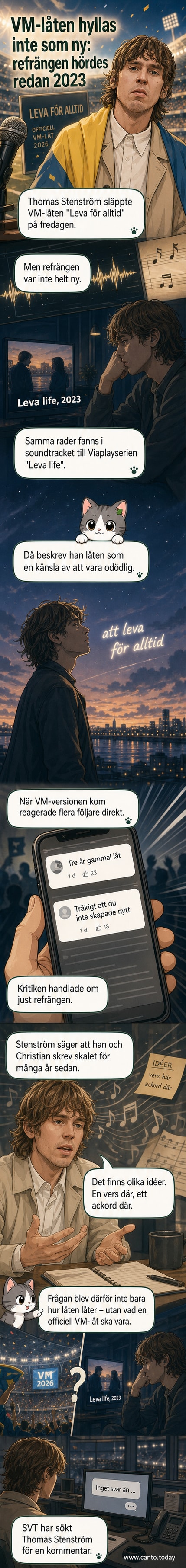 Text på en mobilskärm visar Instagram-kommentarer som ifrågasätter om VM-låtens refräng är för gammal, med en bild av Thomas Stenström i bakgrunden.