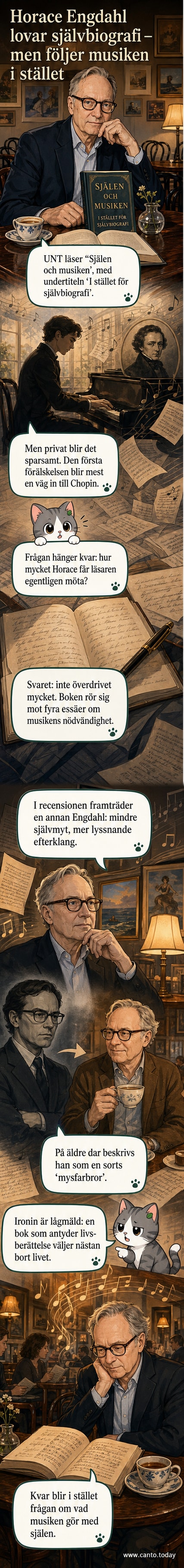 Illustration av Horace Engdahl sittande vid ett piano, omgiven av notblad och bokvolymer, med en mild blick riktad utåt.