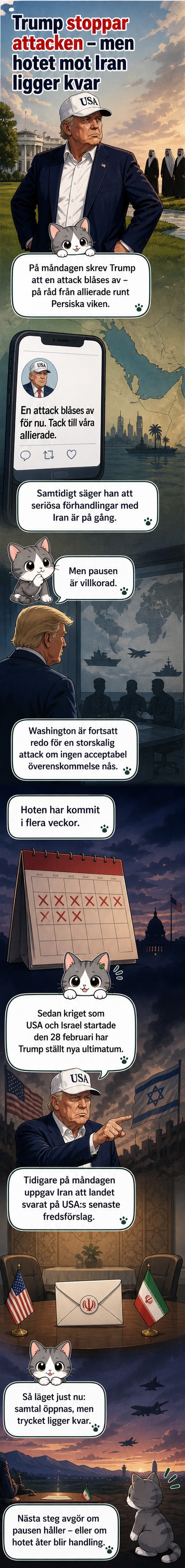 Illustration av Donald Trump och iranska förhandlare vid ett förhandlingsbord med en klocka som visar '11:59', symboliserande en nära militär konflikt.