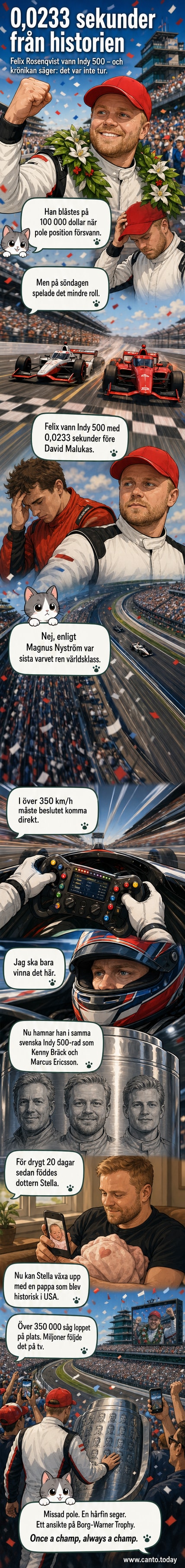 Felix Rosenqvist i sin racerbil under segerloppet i Indy 500 2026, med publik i bakgrunden och flaggor som vajar.