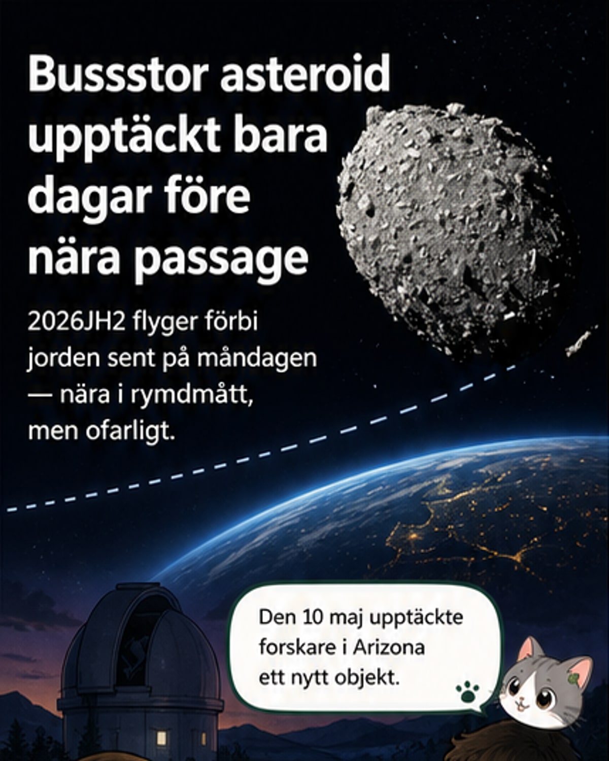 Asteroid stor som buss passerar jorden