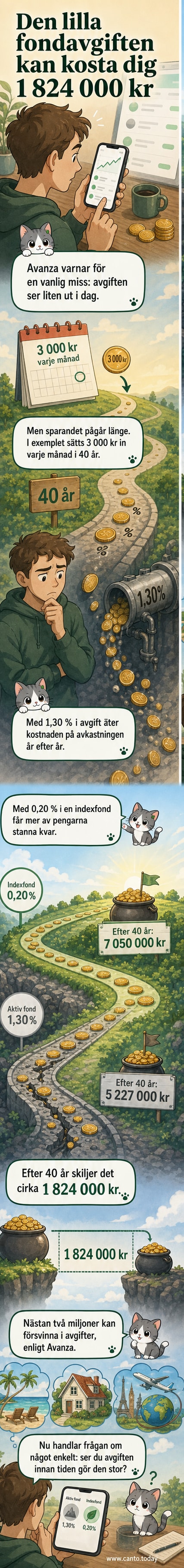 En visuell jämförelse mellan två sparvägar: en med hög fondavgift som resulterar i lägre slutsumma, och en med låg avgift som ger betydligt mer pengar efter 40 år.