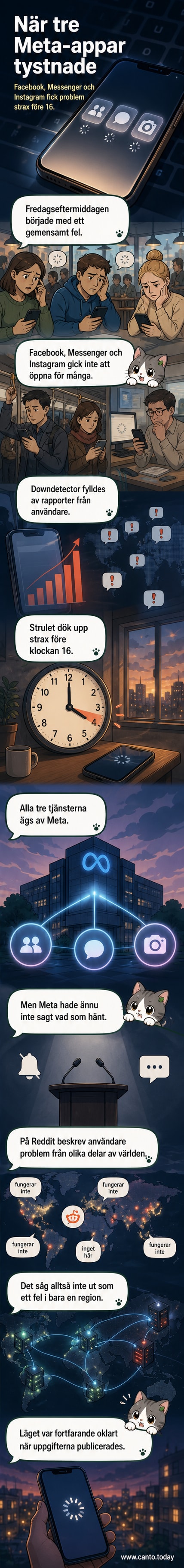 Illustration av en kraschad mobilskärm med loggor för Facebook, Instagram och Messenger.