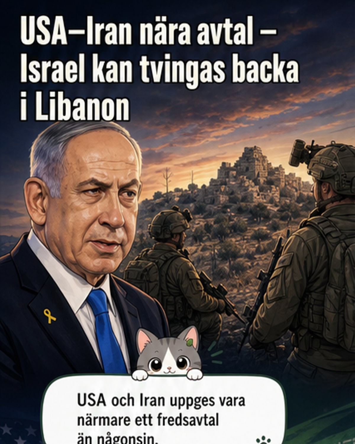 Israelska soldater i Libanon med krigslandskap i bakgrunden, med en överton av diplomatisk spänning