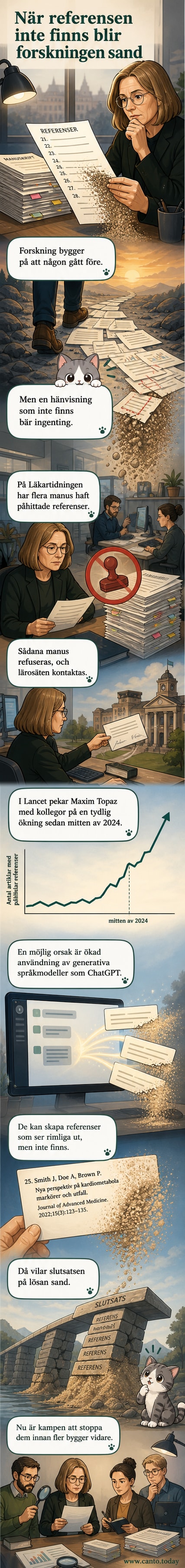 Illustration av en forskare som står på ett sandlandskap där vetenskapliga referenser försvinner ner i sanden, symboliskt för hur AI-hallucinationer underminerar forskningens grund.