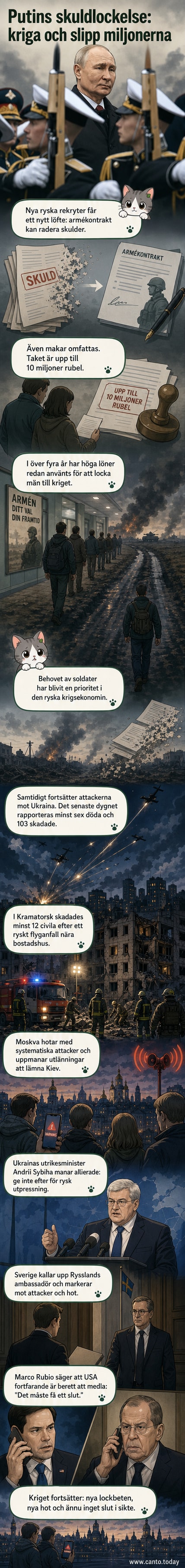 Illustration av en stadsbrand i Kramatorsk efter rysk flygattack, med räddningspersonal som hjälper civila.