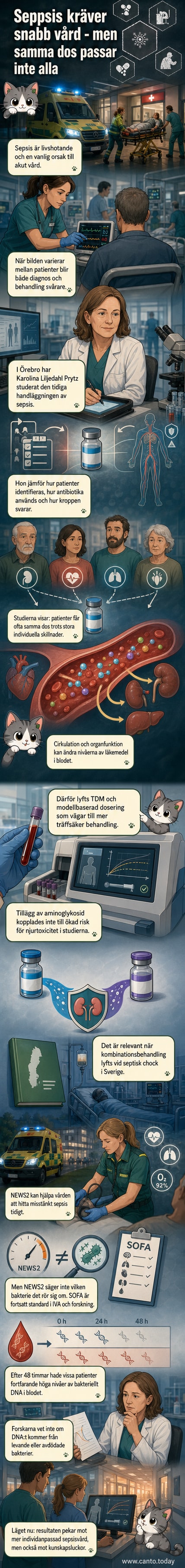 Illustration av en läkare som analyserar blodprov i ett laboratorium, med grafiska element som visar bakterier, DNA och medicinska datakurvor.