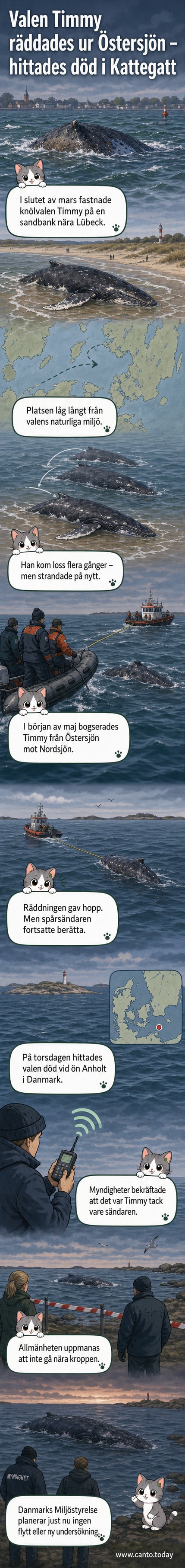 Illustration av en stor knölval vid stranden på en ö, med båtar i bakgrunden och ett sorgset stämningstryck.