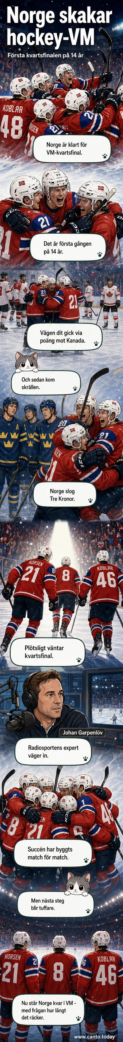 Norska ishockeyspelare firar seger på isen under VM-turneringen, med flaggor och publiken i bakgrunden.