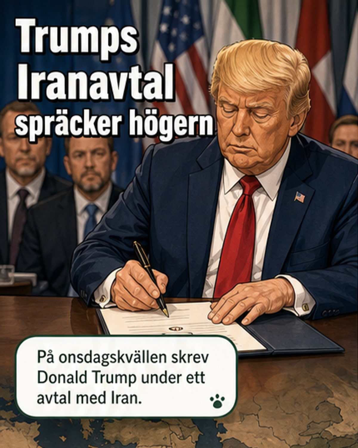 Illustration av Donald Trump som skriver under ett avtal med Iran, med kritiska republikanska politiker i bakgrunden.