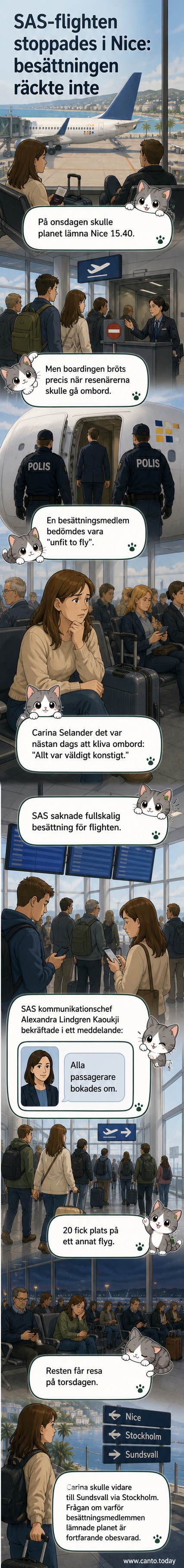 Illustration av ett SAS-flygplan på landningsbana i Nice med besättning och passagerare i bakgrunden, en polisfigur syns gå ombord.