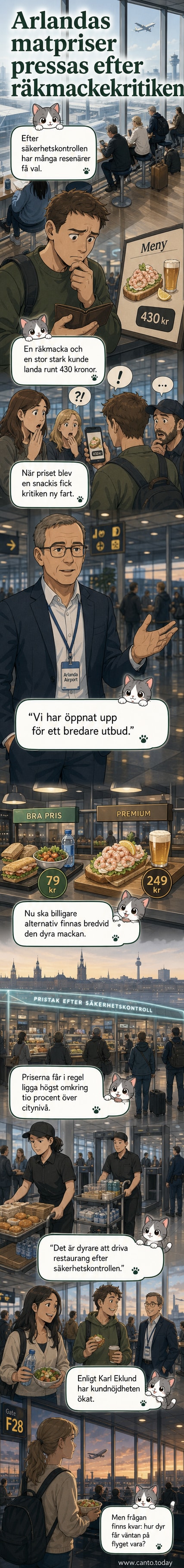 Illustration av en flygplatskiosk där en räkmacka visas med ett prislapp på 430 kronor, med en kund som tittar förvånat.