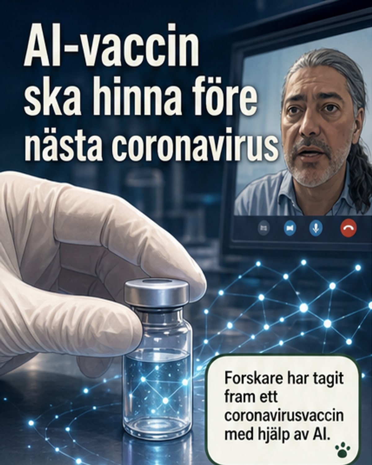 Illustration av ett mikroskop och en AI-symbol som samverkar kring ett viruspartikel, med en skiss av en spruta i bakgrunden.
