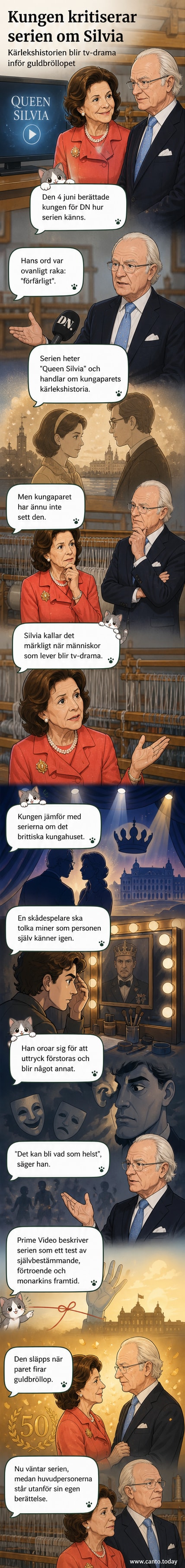 Kung Carl XVI Gustaf och drottning Silvia syns i en stiliserad scen från Prime Videos serie 'Queen Silvia', med dramatisk belysning och historisk kostym.
