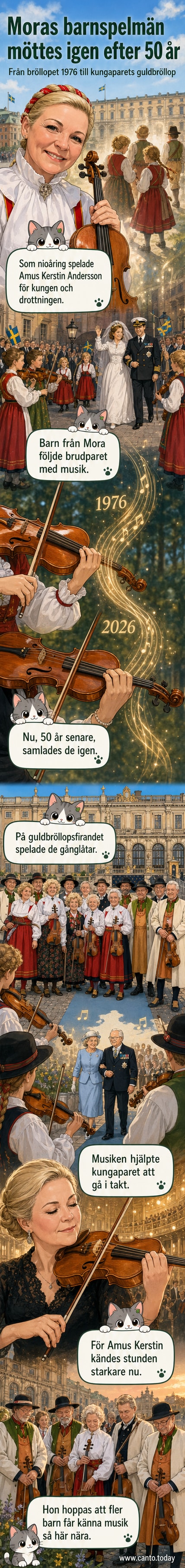 Gruppen Moraspelmännen, nu vuxna, står på scen i traditionell dräkt och spelar fioler under kungaparets guldbröllopsfirande.