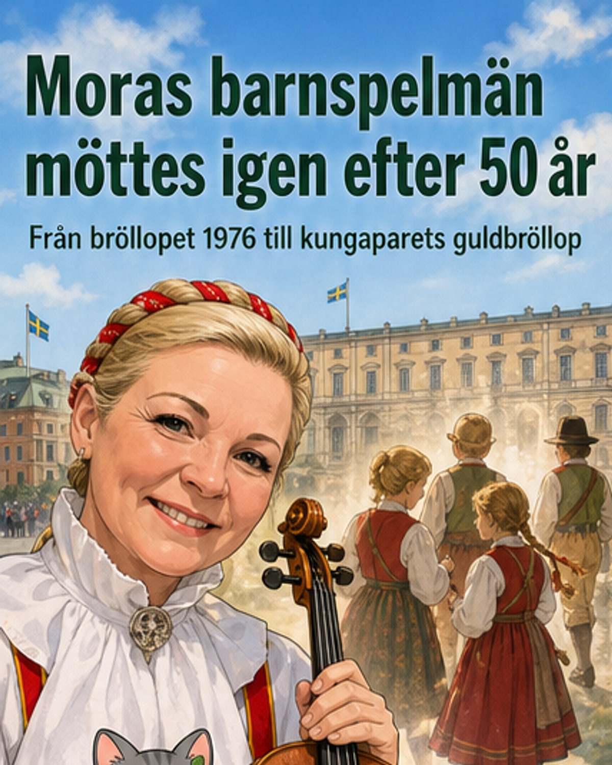 Gruppen Moraspelmännen, nu vuxna, står på scen i traditionell dräkt och spelar fioler under kungaparets guldbröllopsfirande.