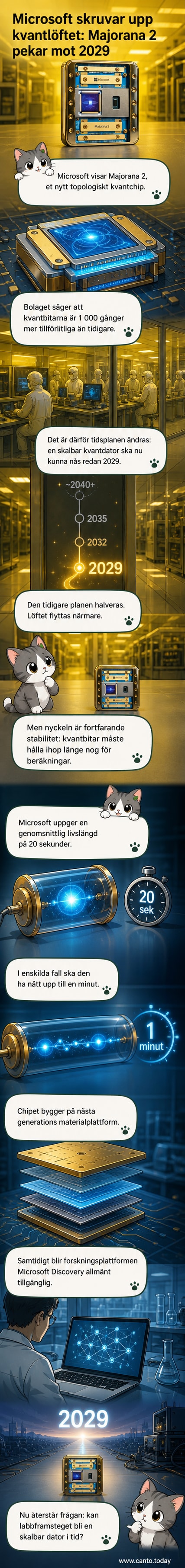 Illustration av Microsofts nya kvantchip Majorana 2 med representation av stabila kvantbitar inom en avancerad kylstruktur.