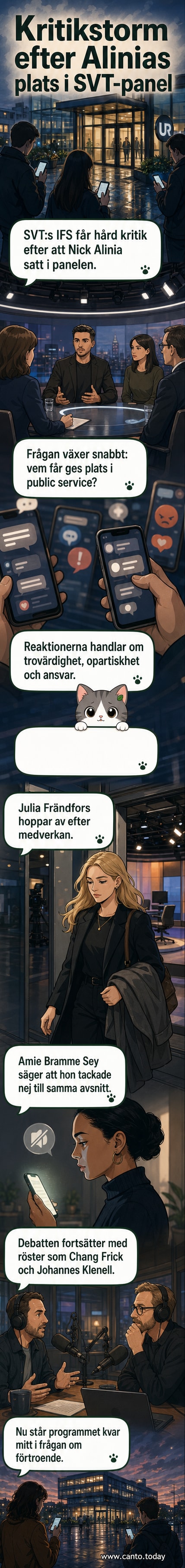 Illustration av en TV-skärm där en debatt mellan panelister visas, med en person markerad som kontroversiell figur.