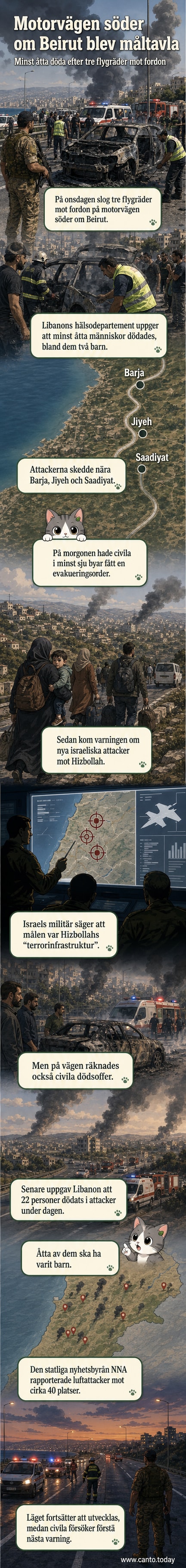 Illustration av en skadad motorväg i Libanon med rök och militärflyg ovanför, symboliserande en ny attack.