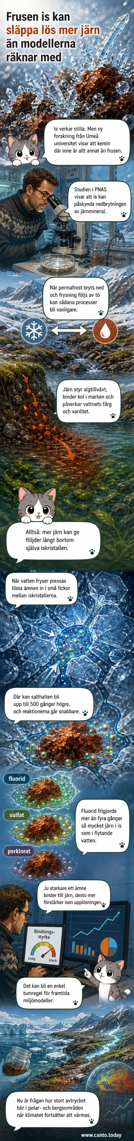 Illustration av iskristaller med mikroskopiska vätskefickor där kemiska reaktioner påskyndar nedbrytning av järnmineral i permafrost.