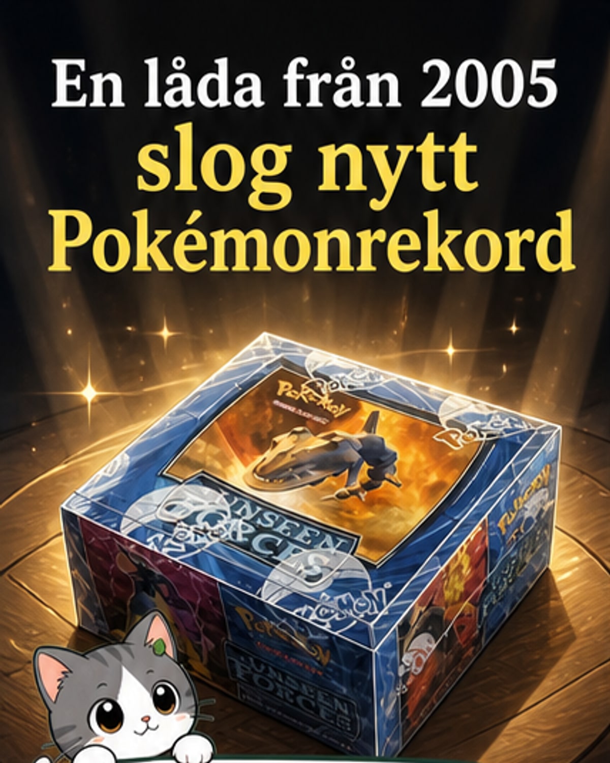 En oöppnad låda med Pokémonkort från 2005 ligger på ett bord, ovanpå en Tradera-etikett.