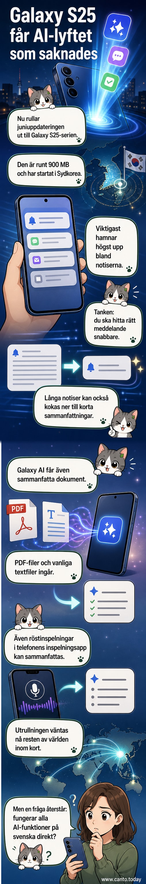 En Galaxy S25-telefon visar en AI-sammanfattning av notiser och ett PDF-dokument på skärmen.