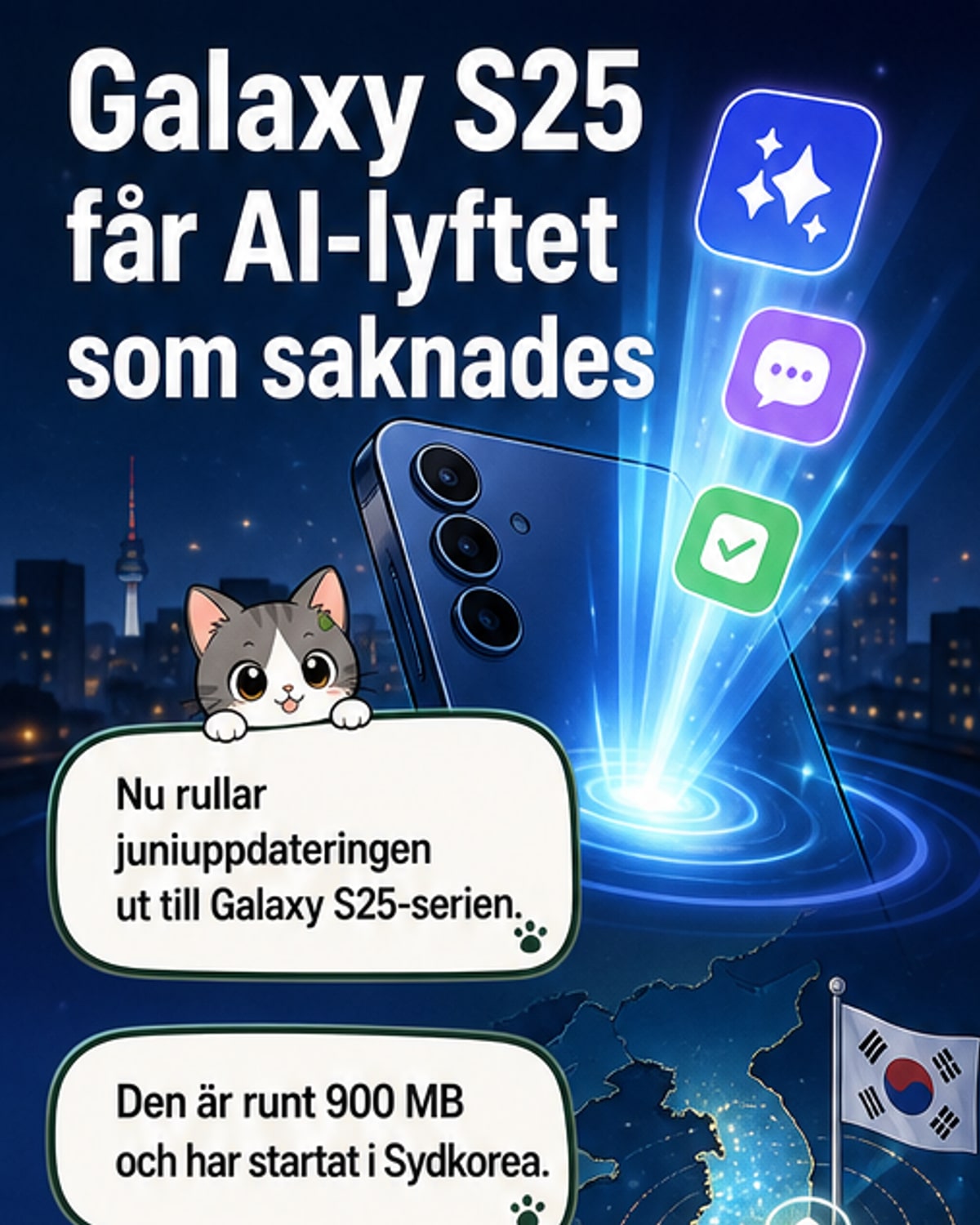 En Galaxy S25-telefon visar en AI-sammanfattning av notiser och ett PDF-dokument på skärmen.