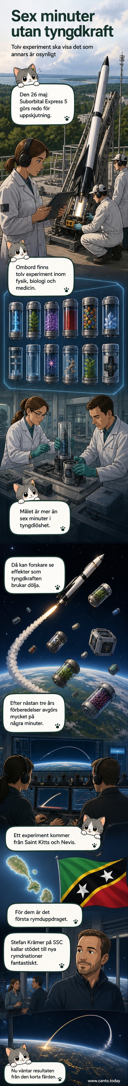 Illustration av en raket som skjuts upp från en svensk bas, med vy över jordens krökning och symboliska experimentikoner i fönstren.