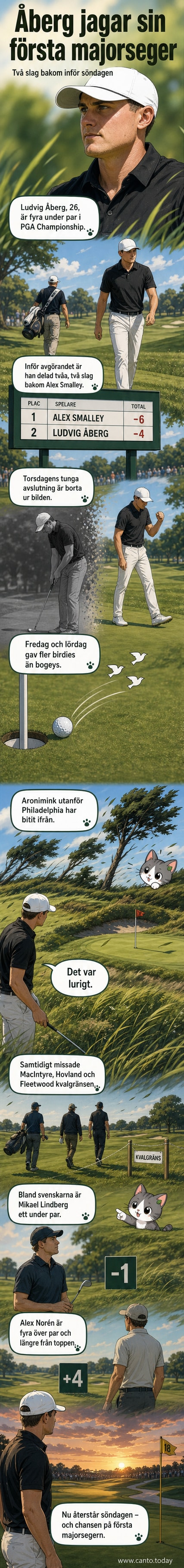 Ludvig Åberg på banan under PGA Championship, med publik i bakgrunden och tävlingsflagga i förgrunden.