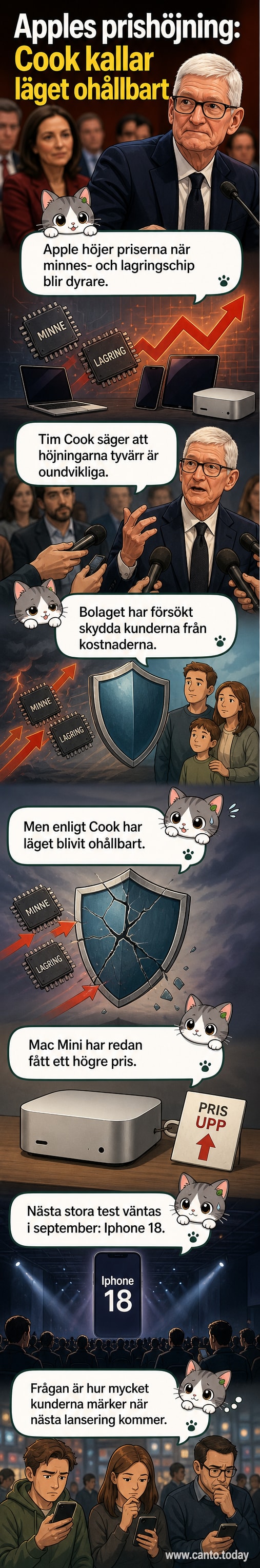 Illustration av en Apple-produkt med stigande prisskylt och mikrochip i bakgrunden